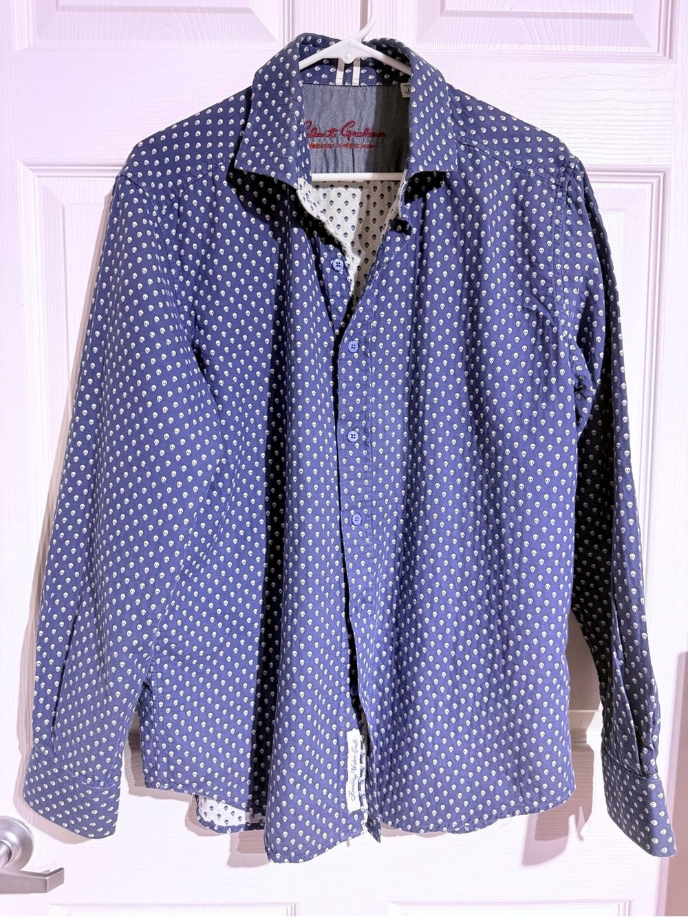 Robert Graham Men's Skull Print Long Sleeve Button Down Shirt - Blue/White L